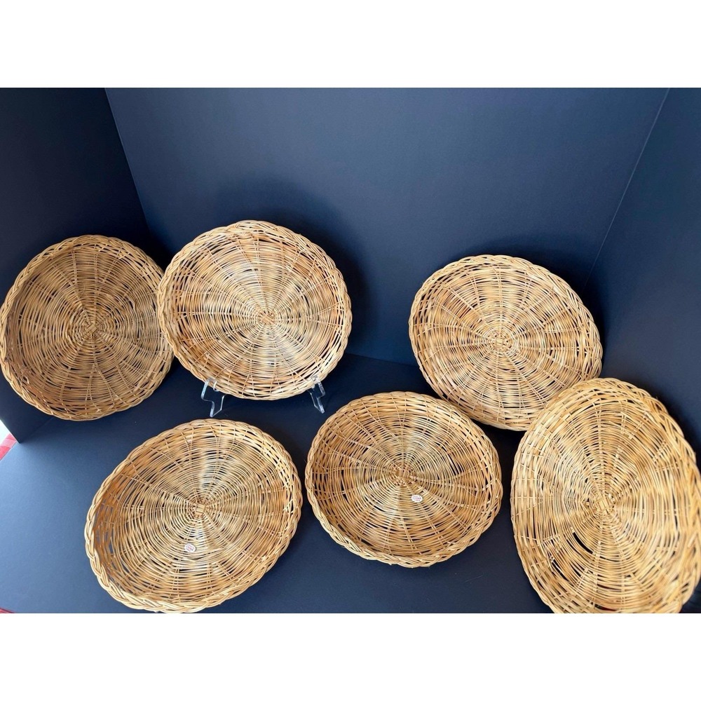 Set of 6 Wicker Rattan Paper Plate Holders Natural Woven Picnic BBQ Cottage